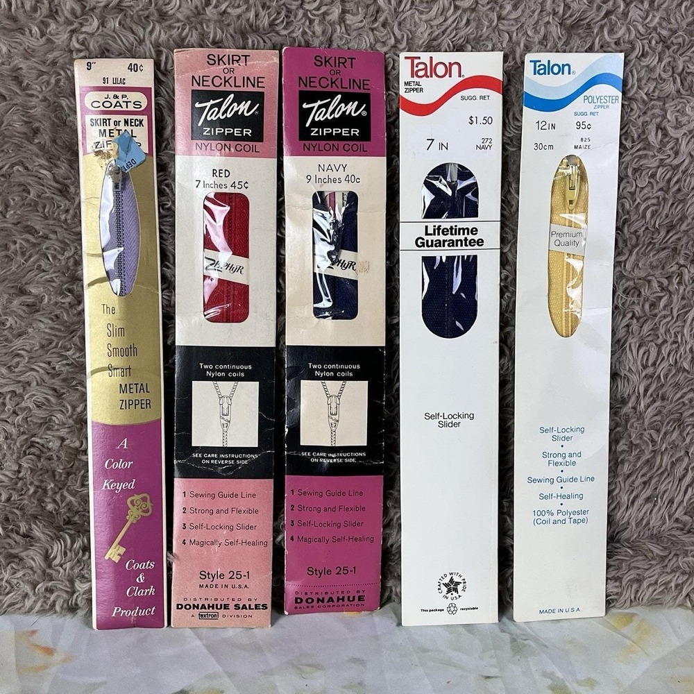 TALON Zipper J. & P. COATS Lot 5 Pieces NOS Assorted Metal Neckline USA Vintage